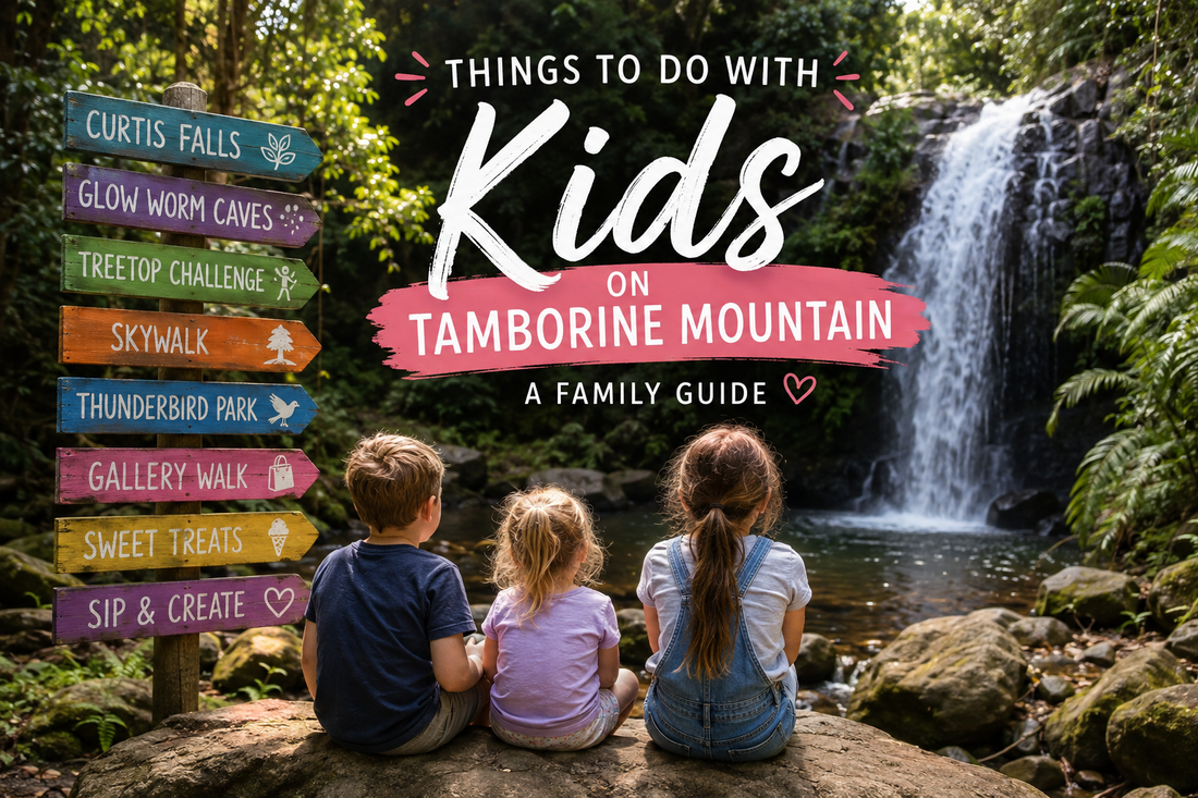Things to do with kids on Tamborine Mountain including Curtis Falls, Glow Worm Caves, TreeTop Challenge, Skywalk and Gallery Walk